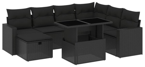 8 részes fekete polyrattan kerti ülőgarnitúra párnákkal