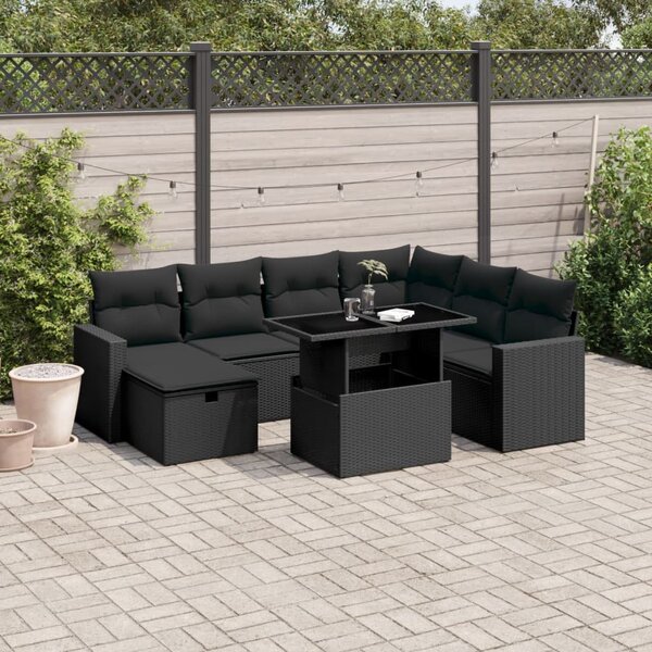 8 részes fekete polyrattan kerti ülőgarnitúra párnákkal