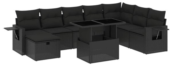 9 részes fekete polyrattan kerti ülőgarnitúra párnákkal