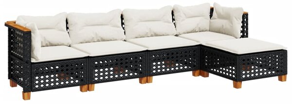 5 részes fekete polyrattan kerti kanapészett párnákkal