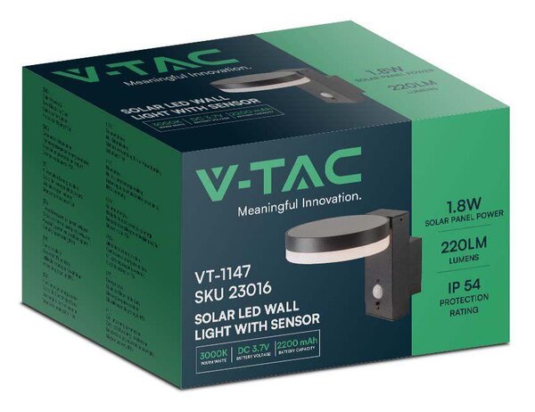 V-TAC napelemes LED fali lámpa kerek világítófejjel, PIR szenzorral, IP54, meleg fehér - SKU 23016