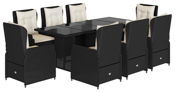 9 részes fekete polyrattan kerti étkezőgarnitúra párnákkal