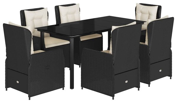7 részes fekete polyrattan kerti étkezőgarnitúra párnával