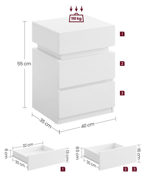 VASAGLE LED Éjjeliszekrény 3 Fiókos Fehér Állítható Színű Világítással