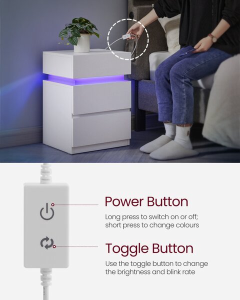 VASAGLE LED Éjjeliszekrény 3 Fiókos Fehér Állítható Színű Világítással