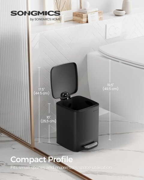 SONGMICS Pedálos Szemeteskuka 6 literes Acél Fekete Soft Close Funkcióval