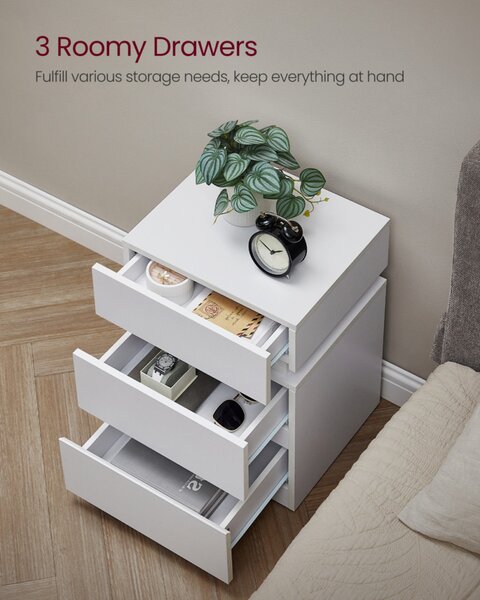 VASAGLE LED Éjjeliszekrény 3 Fiókos Fehér Állítható Színű Világítással