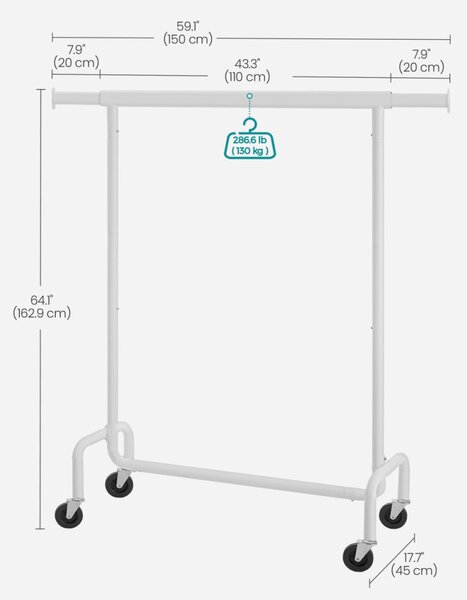 SONGMICS Heavy-Duty Ruhásállvány Kerekekkel Kihúzható Rúddal Acél Matt Fehér 130 kg Teherbírás