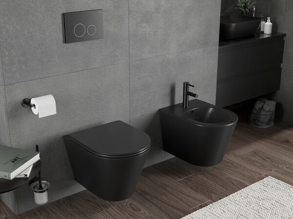 Mexen Rico, falra akasztható wc csésze 490x360x370 mm, Perem nélküli Tornado + duroplast wc ülőke, matt fekete, 30721085T