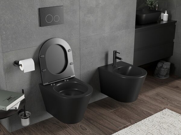 Mexen Rico, falra akasztható wc csésze 490x360x370 mm, Perem nélküli Tornado + duroplast wc ülőke, matt fekete, 30721085T