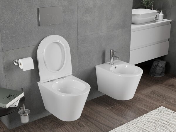 Mexen Rico, falra akasztható wc csésze 490x360x370 mm, Perem nélküli Tornado + duroplast wc ülőke, fényes fehér, 30720500T