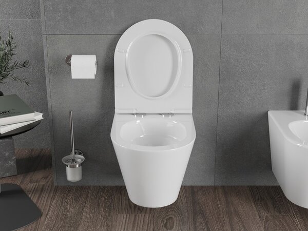 Mexen Rico, falra akasztható wc csésze 490x360x370 mm, Perem nélküli Tornado + duroplast wc ülőke, fényes fehér, 30720500T