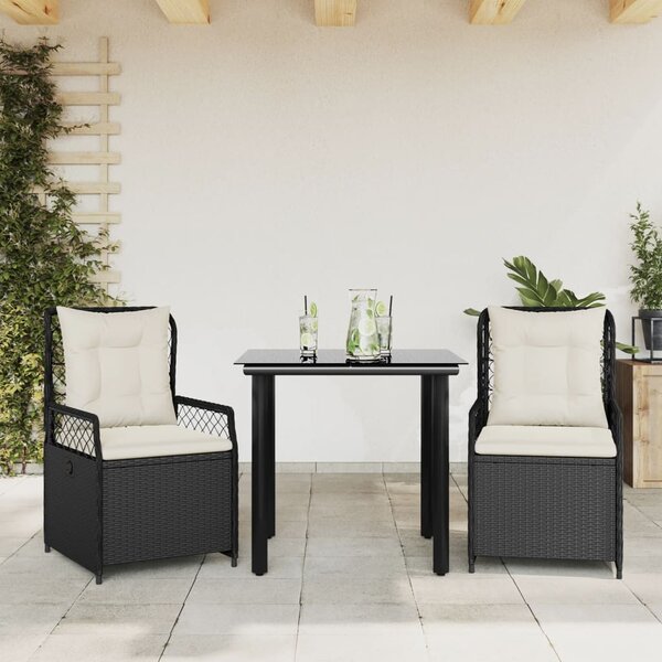 3 részes fekete polyrattan kerti étkezőgarnitúra párnákkal