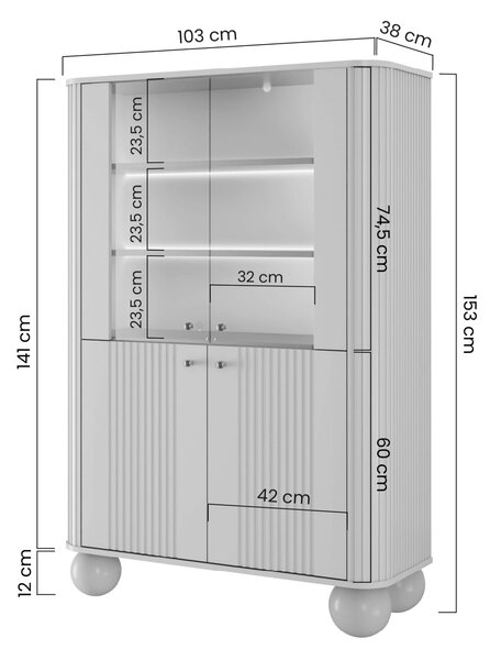 Vesper négyajtós vitrines szekrény 103 cm - kasmír / dió / arany fogantyúk / gömb lábak