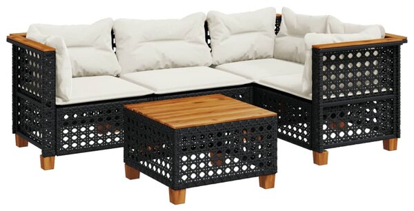 5 részes fekete polyrattan kerti kanapészett párnákkal