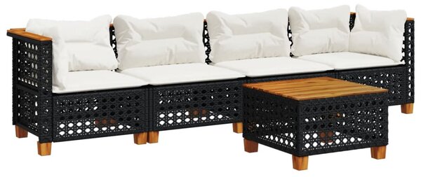 5 részes fekete polyrattan kerti kanapészett párnákkal