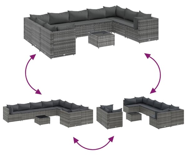 10 részes szürke polyrattan kerti ülőgarnitúra párnákkal