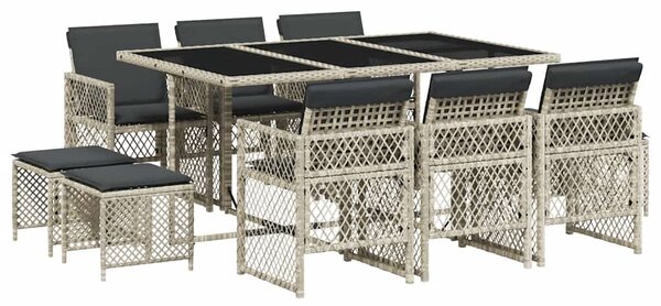 11 részes világosszürke polyrattan kerti ülőgarnitúra párnákkal