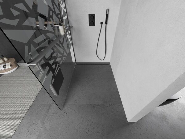 Mexen Kioto+, Walk-In zuhanyparaván polccal és akasztóval 100 x 200 cm, 8 mm átlátszó üveg fehér mintás, grafit profil, 800-100-121-66-85