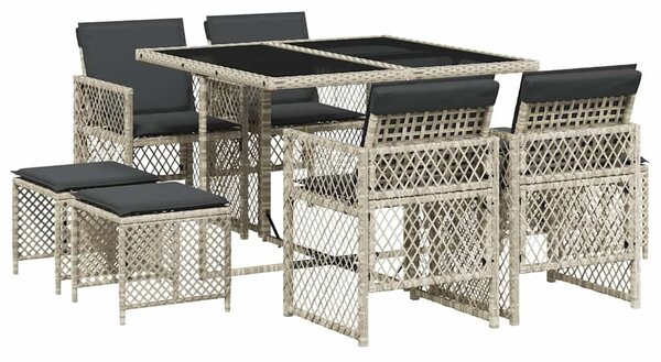 9részes világosszürke polyrattan kerti étkezőgarnitúra párnával