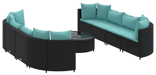 9 részes fekete polyrattan kerti ülőgarnitúra párnákkal