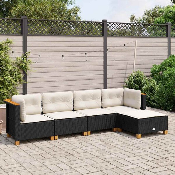 5 részes fekete polyrattan kerti kanapészett párnákkal