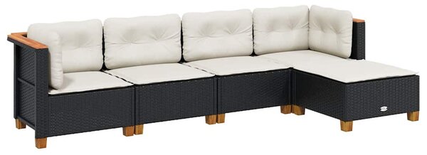 5 részes fekete polyrattan kerti kanapészett párnákkal