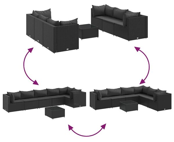 7 részes fekete polyrattan kerti ülőgarnitúra párnákkal