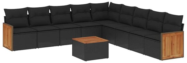 10 részes fekete polyrattan kerti ülőgarnitúra párnákkal