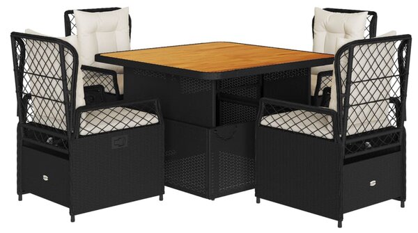 5 részes fekete polyrattan kerti étkezőgarnitúra párnákkal