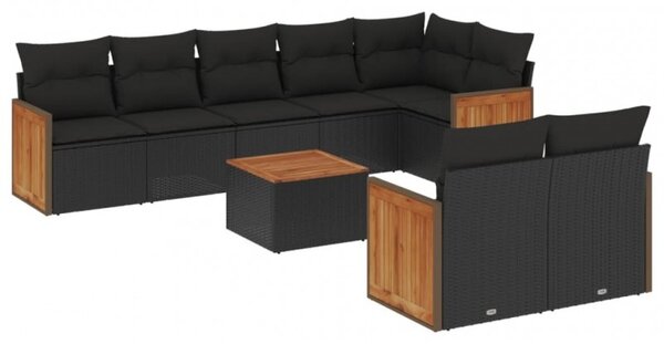 9 részes fekete polyrattan kerti ülőgarnitúra párnákkal