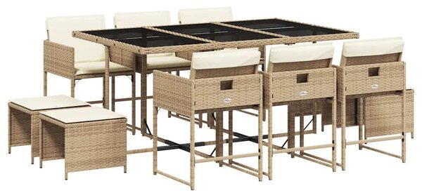 11 részes bézs polyrattan kerti étkezőgarnitúra párnákkal