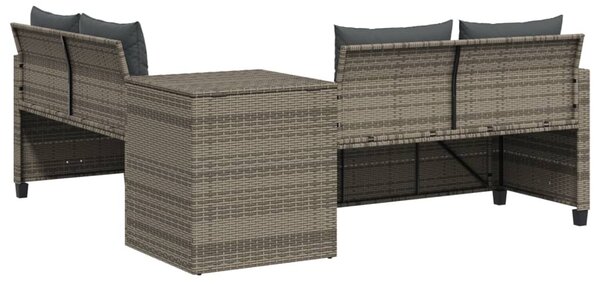 L-alakú szürke polyrattan kerti kanapé asztallal és párnákkal