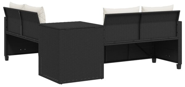 L-alakú fekete polyrattan kerti kanapé asztallal és párnával