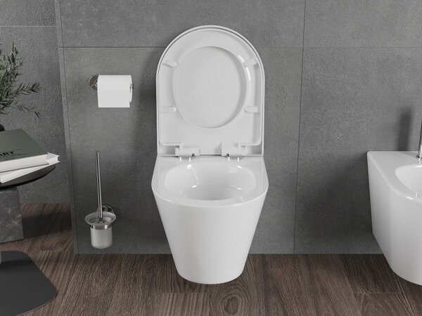 Mexen Rico, falra akasztható wc csésze 490x360x370 mm, Perem nélküli Tornado + duroplast wc ülőke, fényes fehér, 30720200T
