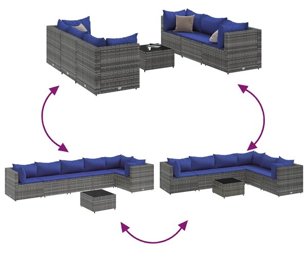 7 részes szürke polyrattan kerti ülőgarnitúra párnákkal