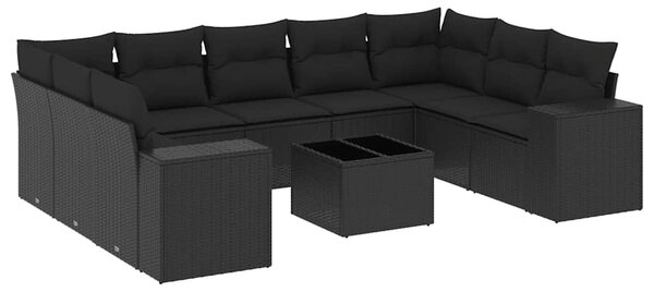 10 részes fekete polyrattan kerti ülőgarnitúra párnákkal