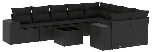 10 részes fekete polyrattan kerti ülőgarnitúra párnákkal