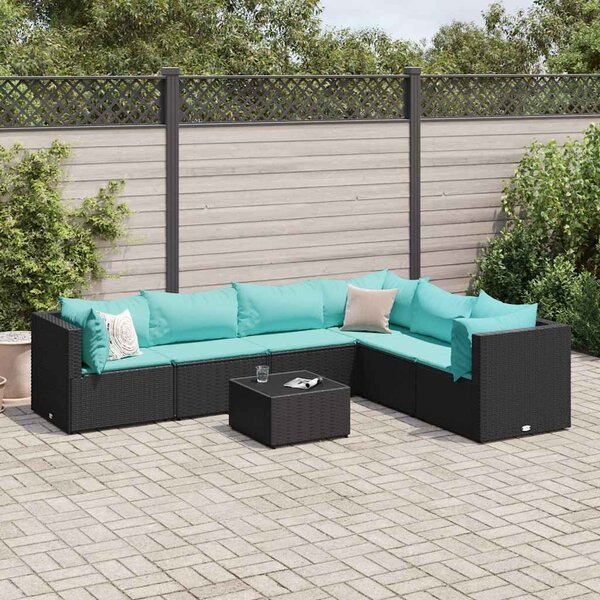 7 részes fekete polyrattan kerti ülőgarnitúra párnákkal
