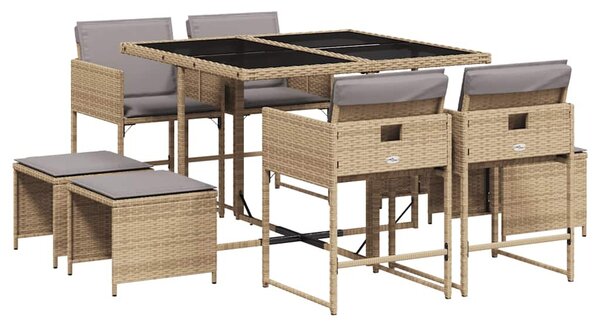 9 részes vegyes bézs polyrattan kerti étkezőgarnitúra párnákkal