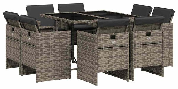 9 részes szürke polyrattan kerti étkezőgarnitúra párnával