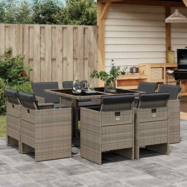 9 részes szürke polyrattan kerti étkezőgarnitúra párnával