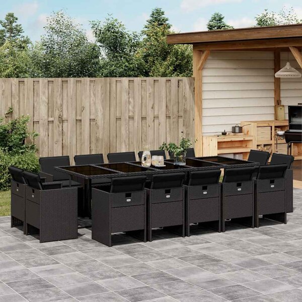 15 részes fekete polyrattan kerti étkezőgarnitúra párnákkal