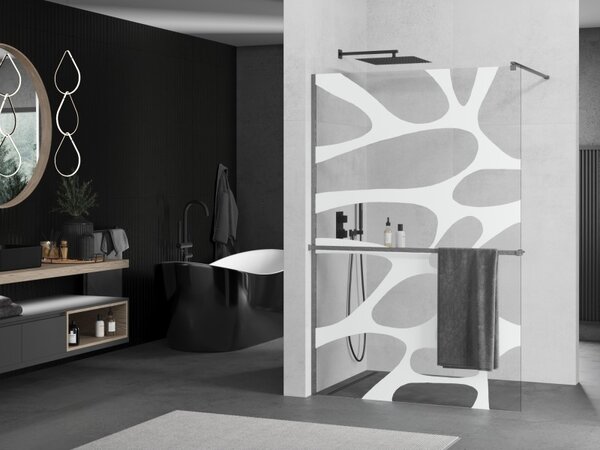 Mexen Kioto+, Walk-In zuhanyparaván polccal és akasztóval 70 x 200 cm, 8 mm átlátszó üveg fehér mintás, grafit profil, 800-070-121-66-97
