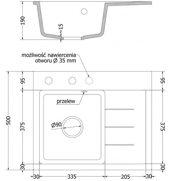 Mexen Ben, 1 kamrás gránit mosogató 600x500x190 mm, bal + fekete szifon, fehér, 6522605000-20-B