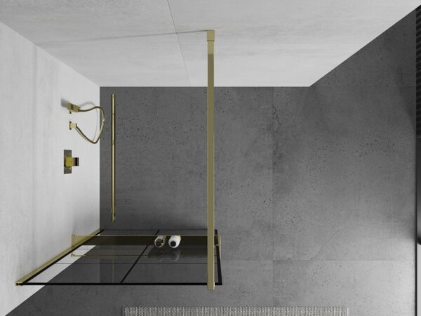 Mexen Kioto +, zuhanyparaván polccal és törölközőtartóval 80 x 200 cm, 8mm átlátszó üvegmintás fekete, arany profil, 800-080-121-50-77