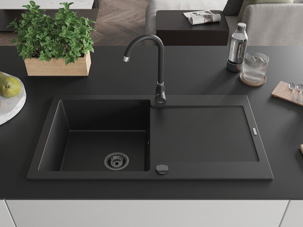 Mexen Leo, gránit mosogató 900x500x190 mm, 1 kamrás, fekete, fekete szifonnal, 6501901010-77-B
