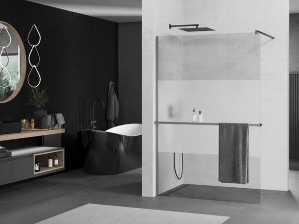 Mexen Kioto+, Walk-In zuhany paraván polccal és akasztóval 70 x 200 cm, 8 mm átlátszó matt üveg, grafit profil, 800-070-121-95-35