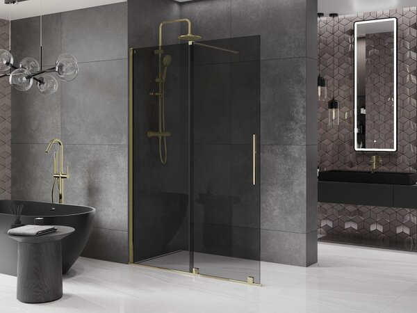 Mexen Velar, zuhany paraván tolóajtóval Walk-in 140 x 200 cm, 8mm szürke üveg, arany fényes, 871-140-000-43-50