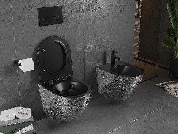 Mexen Lena, függő wc csésze 480x360x355 mm lassan süllyedő ülőfelülettel, matt fekete - ezüst mintás, 30224072